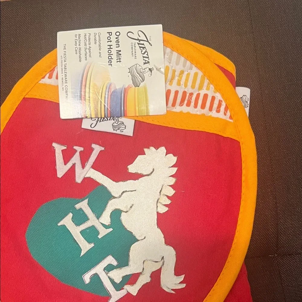 #1087+ Fiesta Red Oven Mitt with White Horse Thunder Art Logo Motif